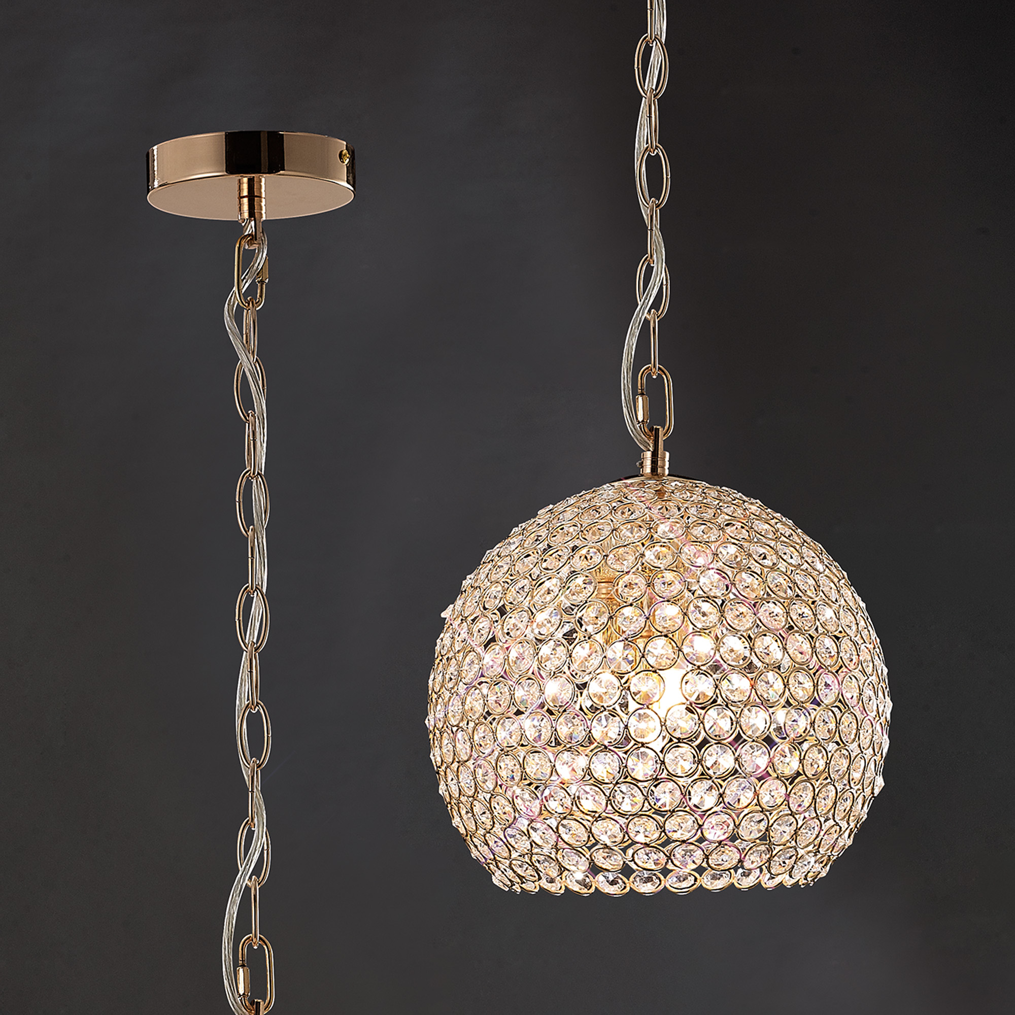 Ava French Gold Crystal Ceiling Lights Diyas Single Crystal Pendants